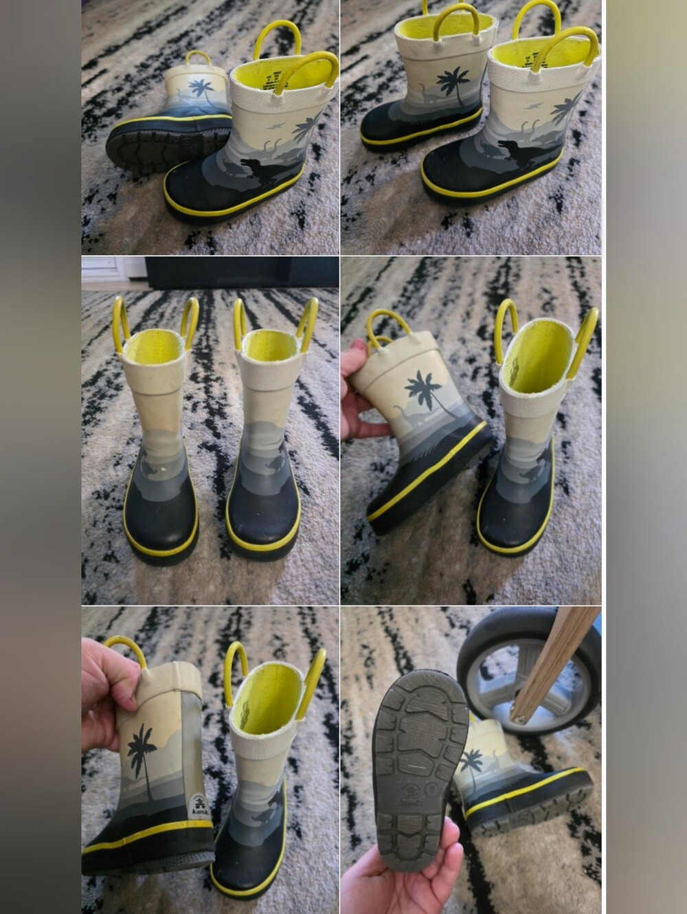 Kids Dinosaur Rain Boots in Beige and Black with Yellow Trim